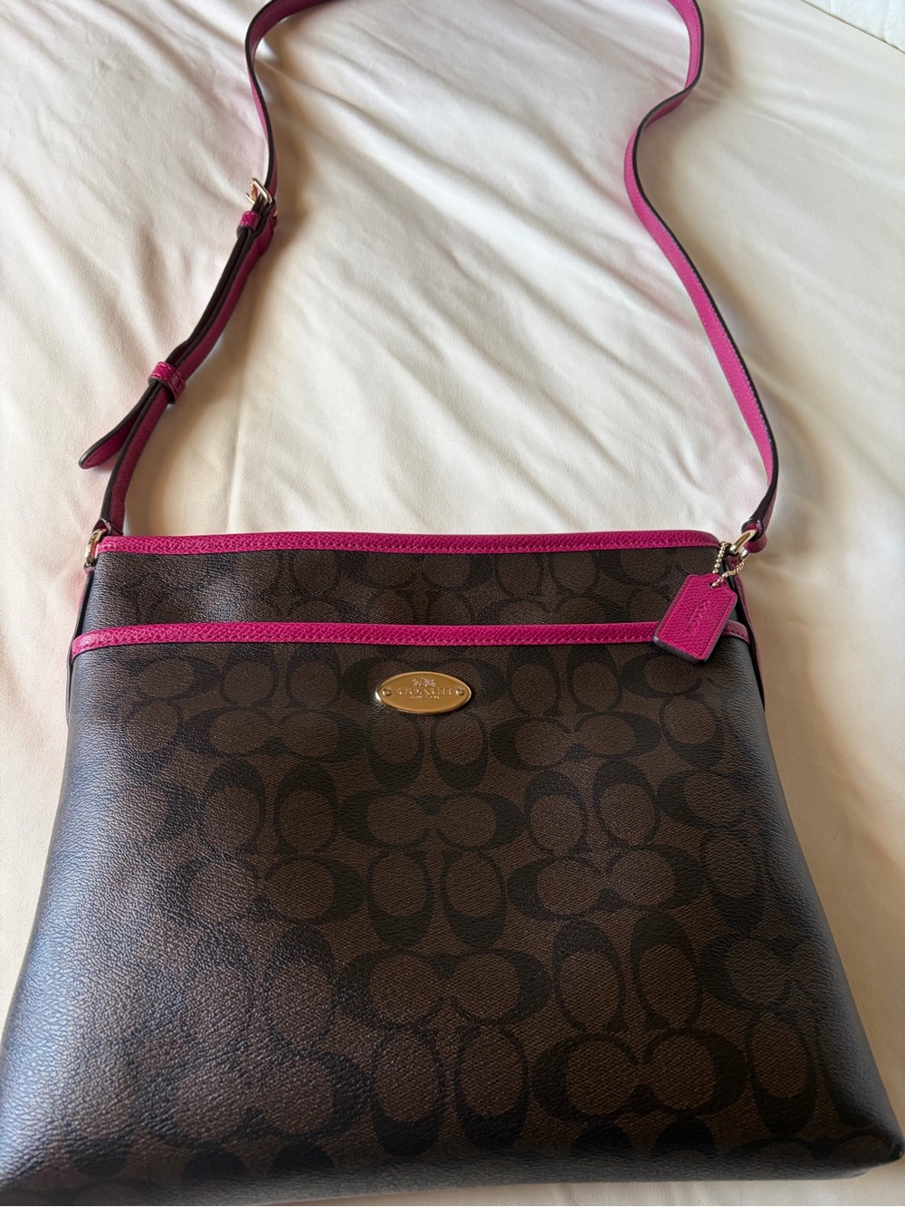 Coach Brown Signature Crossbody with Fuchsia Trim